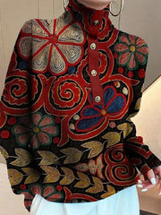 Long Sleeves Buttoned Knitted Flower High Neck Shirts Tops