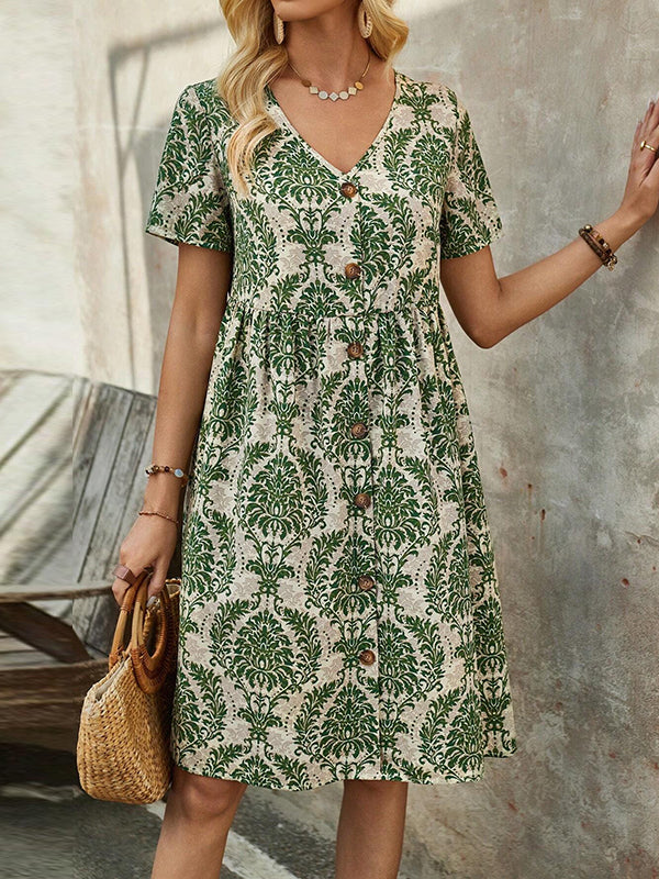 Buttoned Pleated Printed Split-Joint A-Line High Waisted V-Neck Mini Dresses