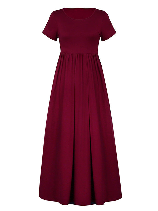 Pleated Pockets Solid Color Split-Joint High Waisted Short Sleeves Round-Neck Maxi Dresses