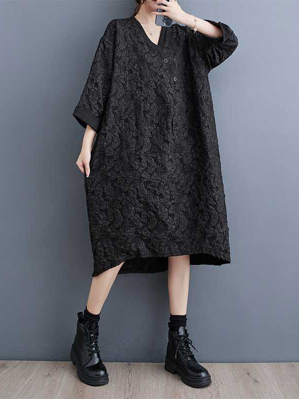 Asymmetric Buttoned Jacquard A-line Half Sleeves V-neck Midi Dresses