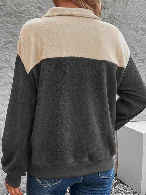 Buttoned Contrast Color Split-Joint Velvet Long Sleeves Loose Stand Collar Sweatshirt Tops