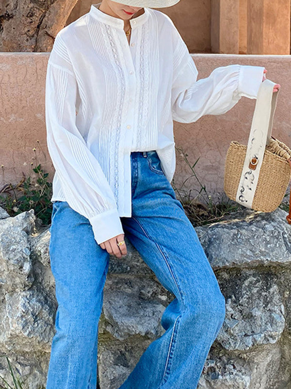 Buttoned Pleated Solid Color Split-Joint Long Sleeves Loose Stand Collar Blouses&Shirts Tops