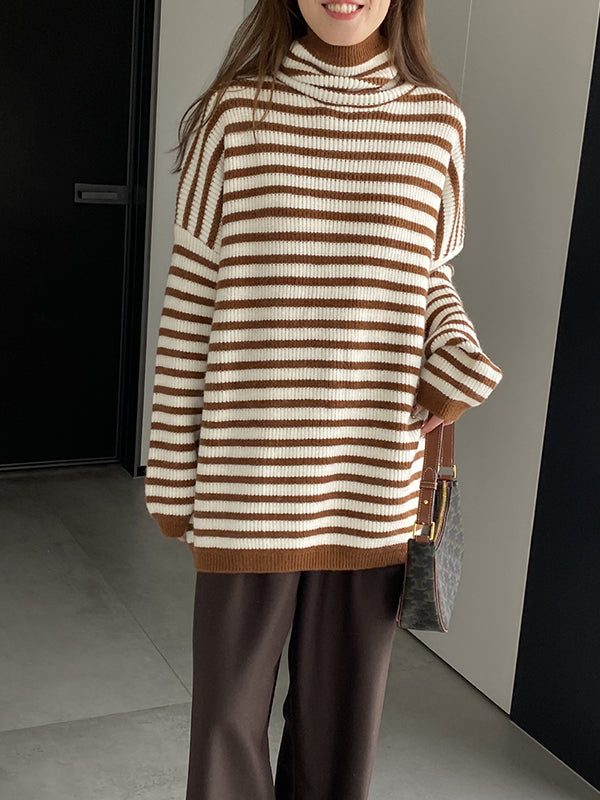 Striped Long Sleeves Loose High-Neck Sweater Pullovers Knitwear
