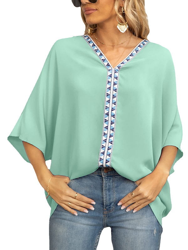 Split-Joint Batwing Sleeves Loose V-neck Blouses&shirts Tops
