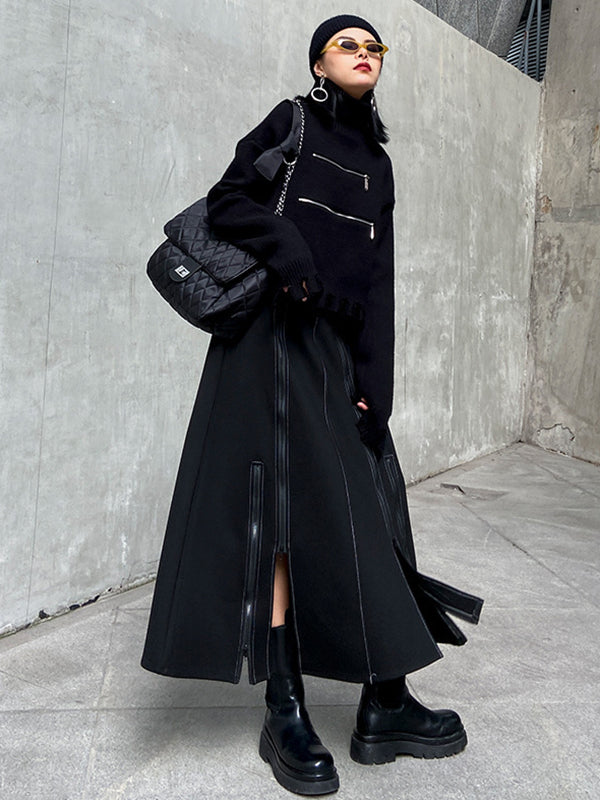 Solid Color Split-Joint Split-Side Zipper A-Line Irregularity Skirts Bottoms