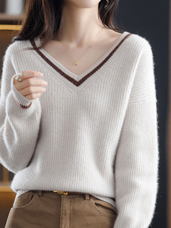 Urban Loose Long Sleeves Contrast Color V-Neck Sweater Tops