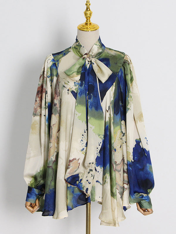 Loose Printed Puff Sleeves Pleated Stand Collar Blouses