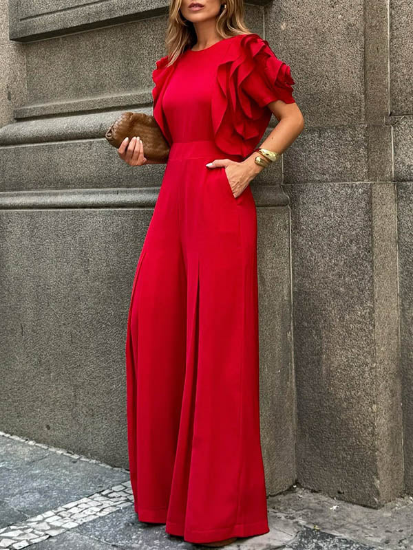 Falbala Solid Color Loose Short Sleeves Round-Neck Jumpsuits