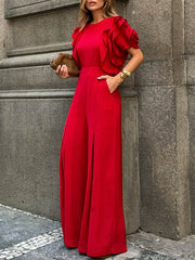 Falbala Solid Color Loose Short Sleeves Round-Neck Jumpsuits