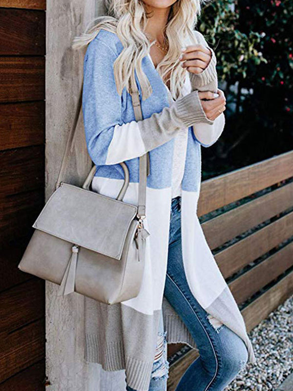 Contrast Color Long Sleeves Loose V-Neck Cardigan Tops