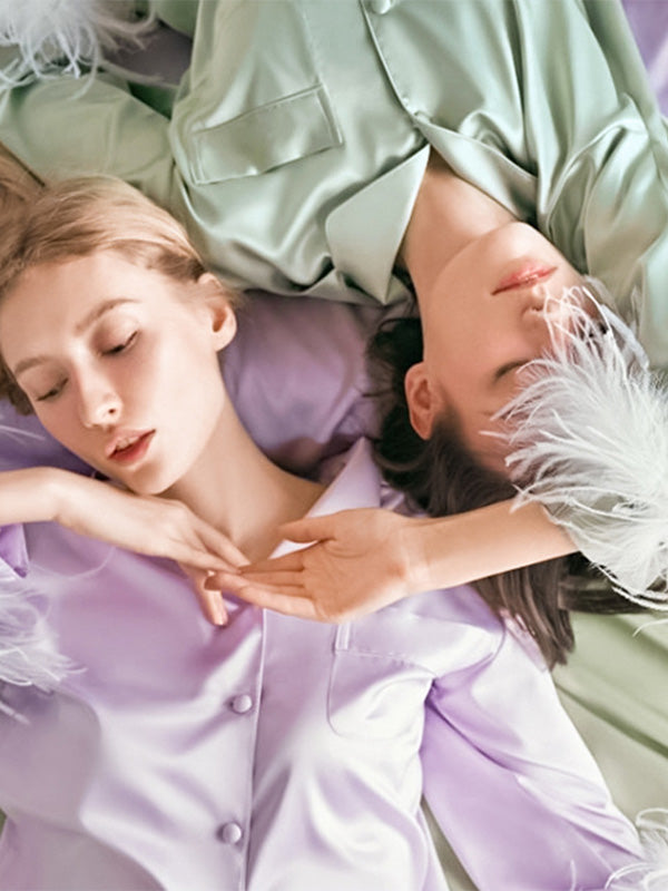 Notched Collar Long Sleeves Buttoned Feathers Split-Joint Shirts Top + Pants Bottom Pajama Sets