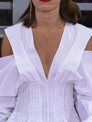 Hollow Pleated Solid Color Long Sleeves Cold shoulder Blouses&shirts Tops