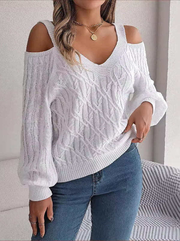 Cable Knit Solid Color Long Sleeves Loose Cold shoulder Sweater Tops