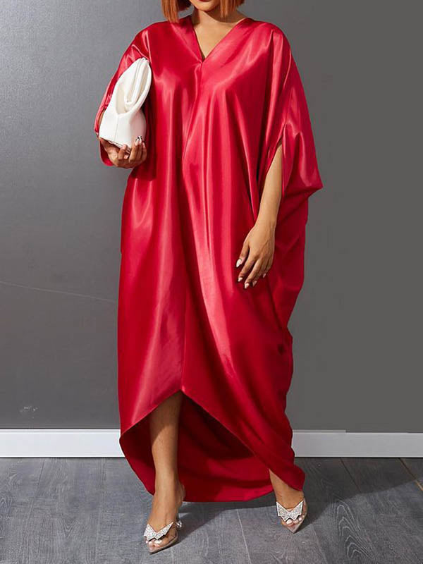 Solid Color Batwing Sleeves High-Low Deep V-Neck Maxi Dresses