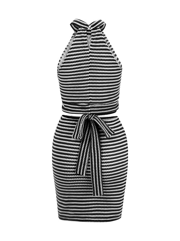 Tied Waist Halter-Neck Bodycon Sleeveless Split-Joint Striped Vest Top + Skirts Bottom Two Pieces Set