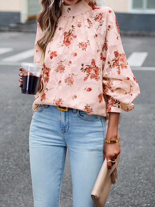 Flower Print Tied Long Sleeves Loose Mock Neck Blouses&Shirts Tops