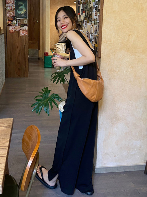 Original Creation Sleeveless Loose Solid Color Square-Neck Overalls