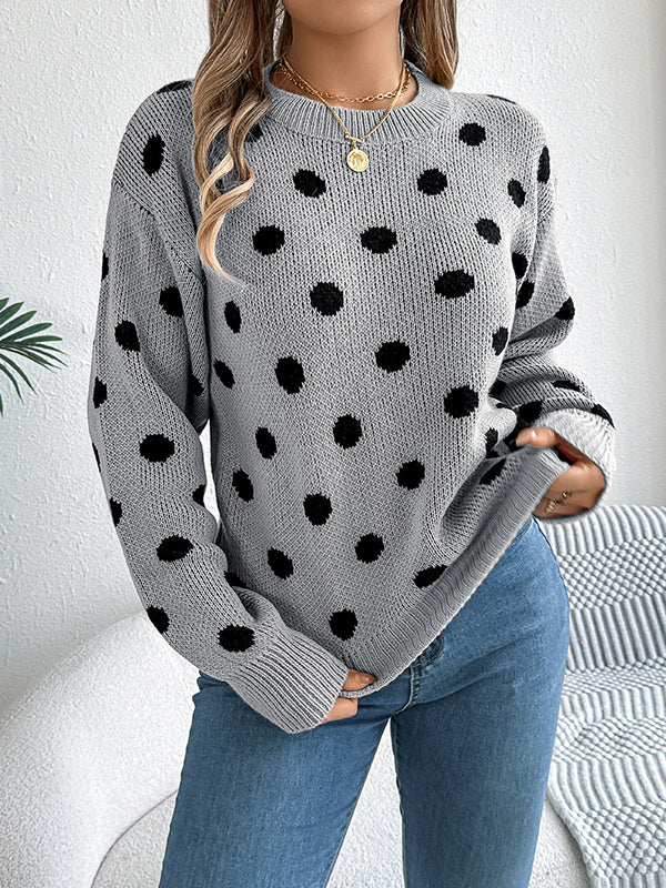 Contrast Color Polka-Dot Long Sleeves Loose Round-Neck Sweater Tops Pullovers