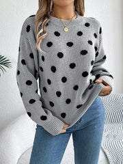 Contrast Color Polka-Dot Long Sleeves Loose Round-Neck Sweater Tops Pullovers