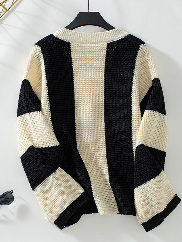 Buttoned Contrast Color Split-Joint Striped Long Sleeves Loose V-Neck Cardigan Tops