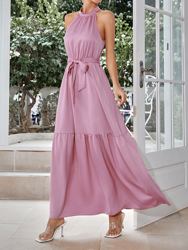 Pleated Ribbed Solid Color Sleeveless Halter-Neck Maxi Dresses