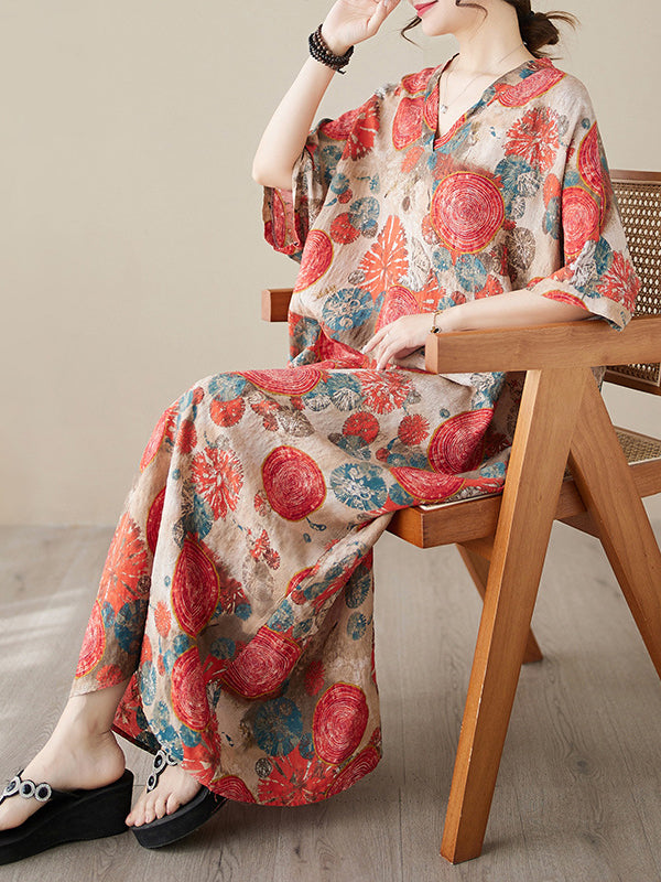 Printed Loose Short Sleeves V-Neck Maxi Dresses
