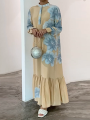 Long Sleeves Puff Sleeves Printed Stand Collar Maxi Dresses