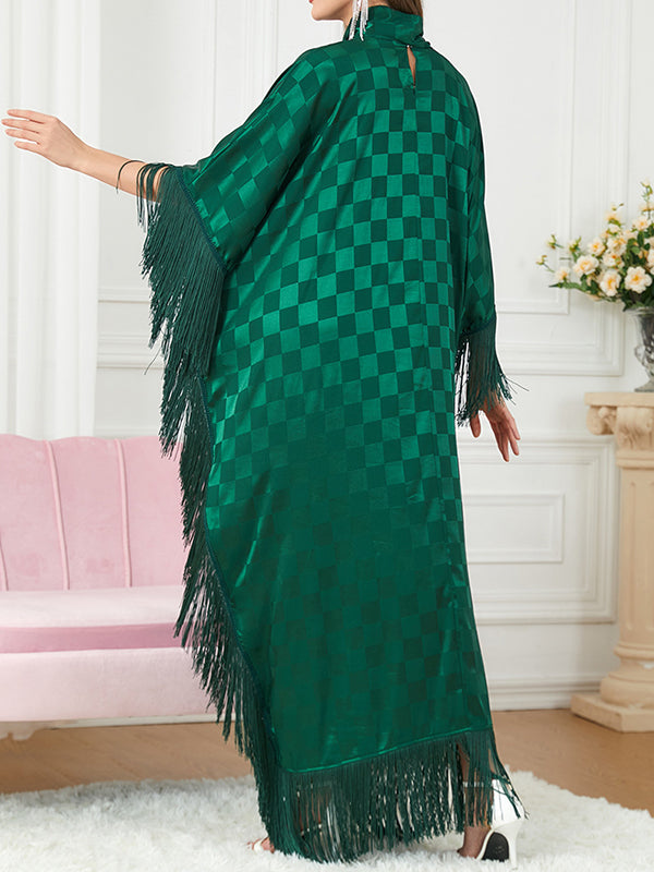 Plaid Ribbon Tasseled A-Line Batwing Sleeves Maxi Dresses