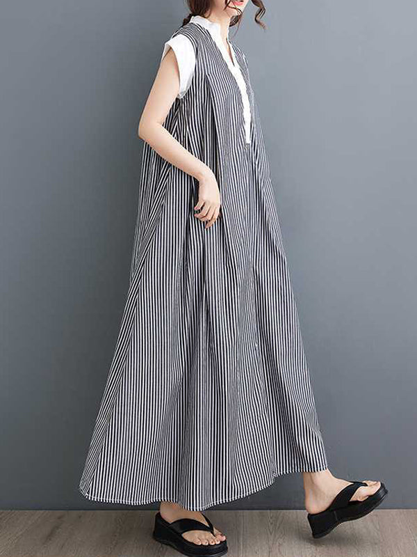 Buttoned Striped Cap Sleeve Loose Lapel Shirt Dress Maxi Dresses