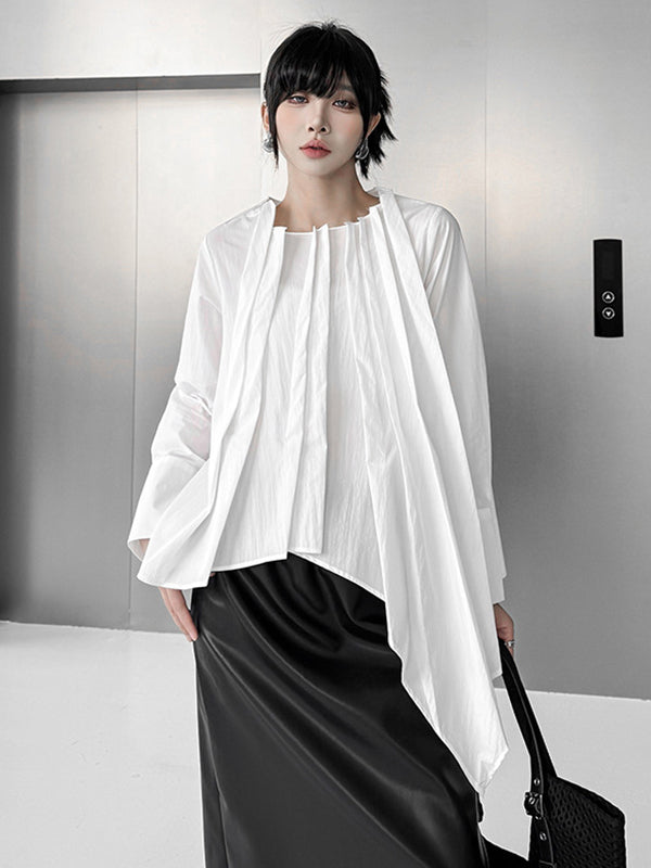 Asymmetric Pleated Solid Color Hipster Irregularity Round-Neck Blouses&Shirts Tops