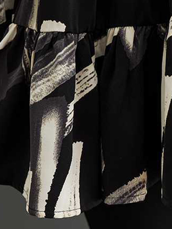 Pleated Printed Split-Joint Long Sleeves Loose Lapel Blouses