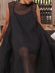 Pockets See-Through Solid Color A-Line Loose Round-Neck Midi Dresses Cover-Up