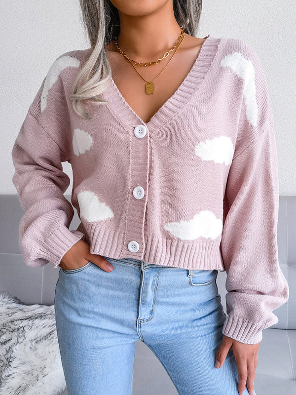 Buttoned Split-Joint Long Sleeves Loose V-Neck Cardigan Tops