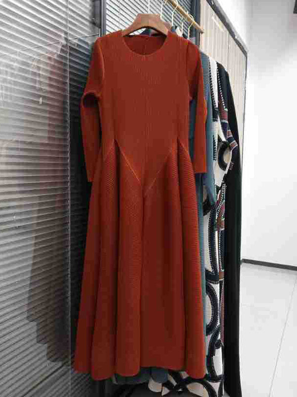 Pleated Solid Color Split-Joint A-Line Loose Round-Neck Midi Dresses
