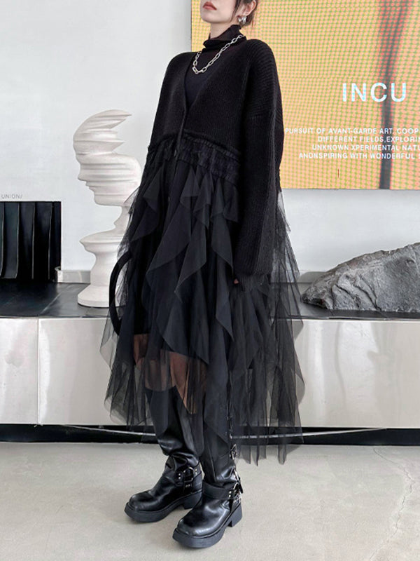 Buttoned Pleated Solid Color Split-Joint Tulle Velvet Long Sleeves Loose V-Neck Cardigan Tops