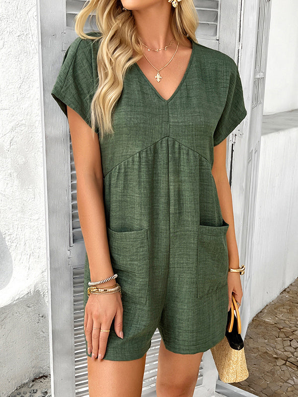 Backless Pockets Solid Color High Waisted Loose V-neck Rompers