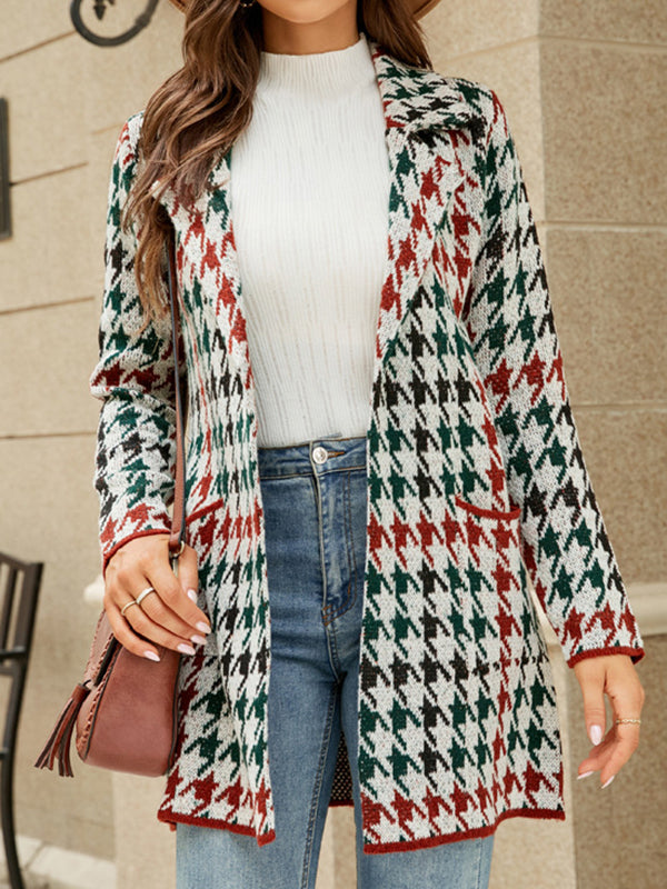 Contrast Color Houndstooth Pockets Split-Joint Long Sleeves Notched Collar Cardigan Tops