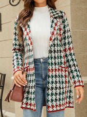 Contrast Color Houndstooth Pockets Split-Joint Long Sleeves Notched Collar Cardigan Tops