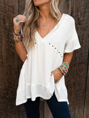 Buttoned Split-Joint Batwing Sleeves High-Low V-Neck T-Shirts Tops