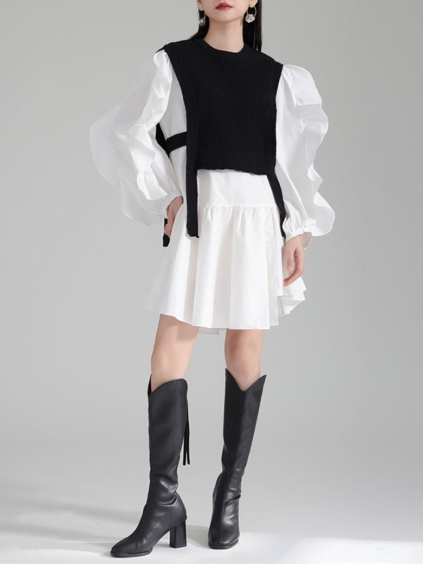 Ruffled Split-Joint Long Sleeves Loose Round-Neck Inner Mini Shirt Dress + Outer Vest Two Pieces Set