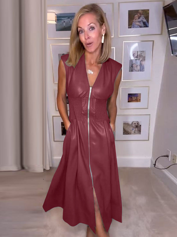 Pockets Solid Color Split-Joint Zipper A-line Elasticated Waist V-neck Midi Dresses