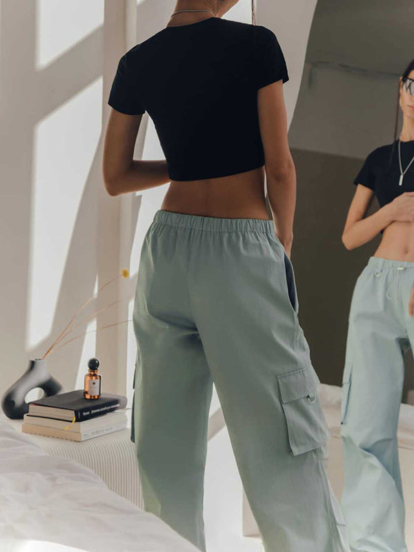 Drawstring Elasticity Pockets Split-Joint High Waisted Loose Trousers Pants