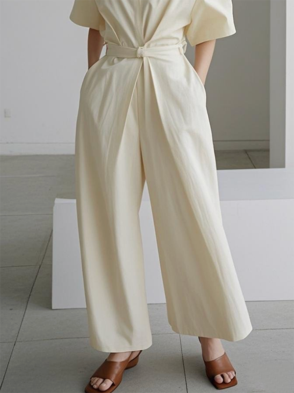 Solid Color Tied Waist Half Sleeves Loose Lapel Jumpsuits