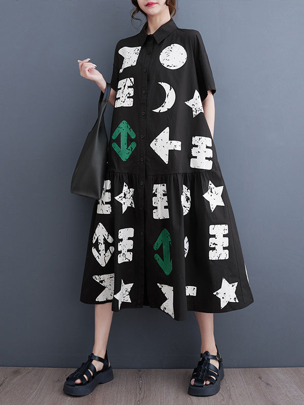 Buttoned Pleated Pockets Printed Split-Joint Loose Short Sleeves Lapel Shirt Dress Midi Dresses