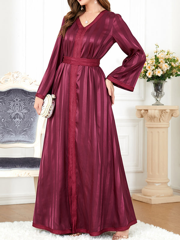 Split-Front Split-Joint Striped Tied Waist A-Line Long Sleeves Maxi Dresses