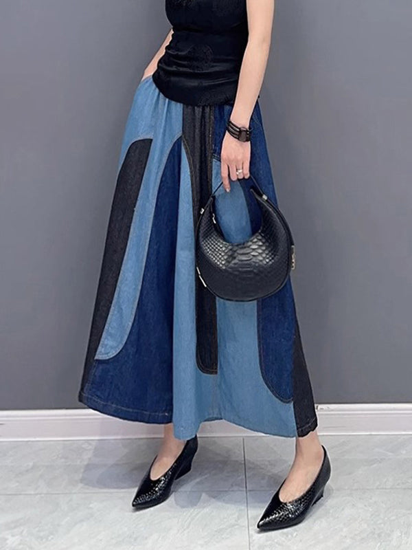 Contrast Color Elasticity Split-Joint Loose Wide Leg Jean Pants Bottoms
