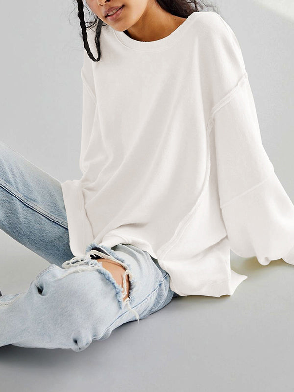 Fringed Solid Color Split-Joint Split-Side Long Sleeves Loose Round-Neck Sweatershirt