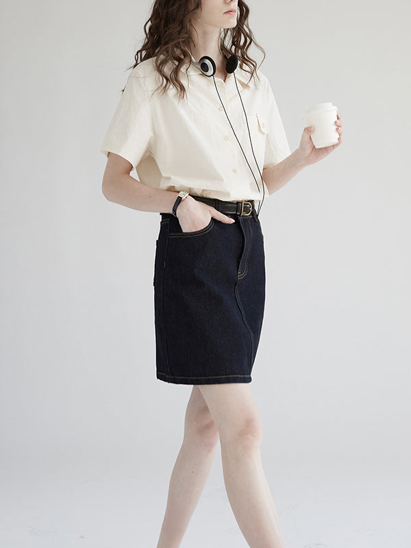 Buttoned Pockets Solid Color Loose Short Sleeves Notched Collar Blouses&Shirts Tops