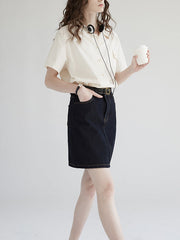 Buttoned Pockets Solid Color Loose Short Sleeves Notched Collar Blouses&Shirts Tops