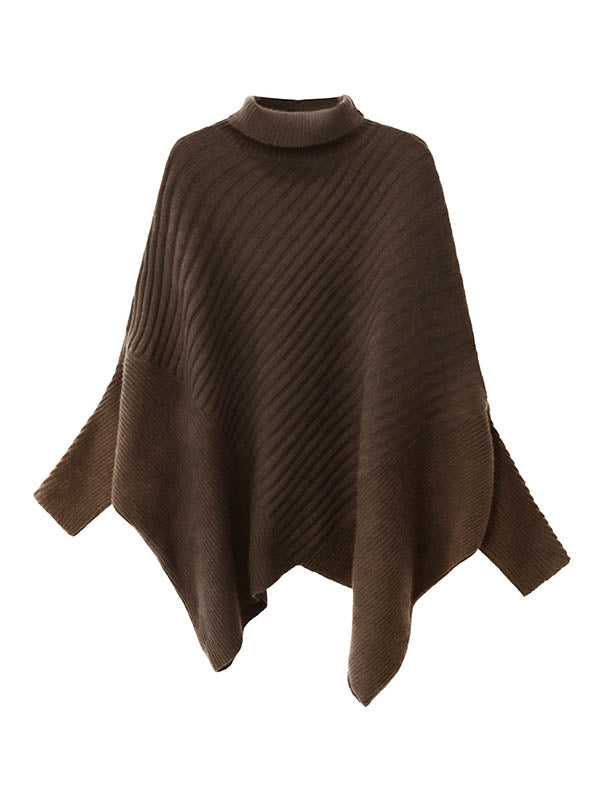 Asymmetric Ribbed Knit Solid Color Split-Joint Batwing Sleeves Irregularity High Neck Sweater Tops